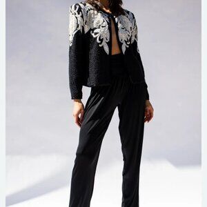 Nite Beaded Sequin Jacket Blazer Sz M 100% Silk Black White Floral Art-to-wear